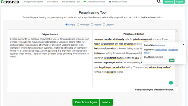 Paraphrasing tool