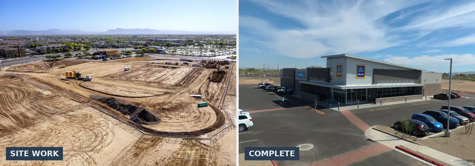 Before and after aerials of the ALDI site in Gilbert, Arizona: site grading and the completed store